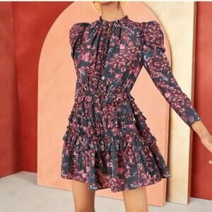 Ulla Johnson Prissa Floral Long Sleeve Ruffle Mini Dress in Midnight - Size 0